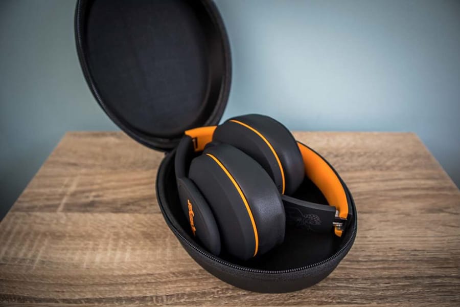 Orange Crest Headphones inside the case